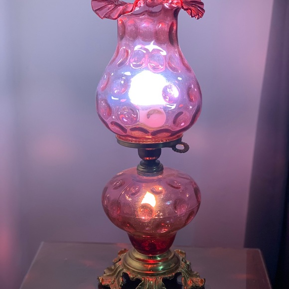 2 Fenton glass cranberry reverse coin thumbprint vintage lamps 3 way switch. - Picture 4 of 6